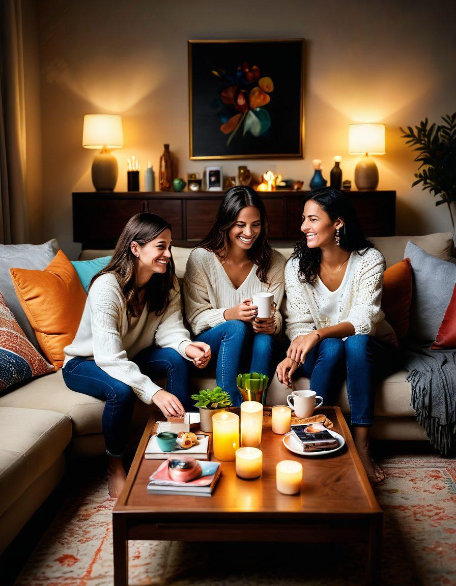 A warm, inviting scene depicting diverse friends laughing and sharing heartfelt moments in a cozy setting, symbolizing cheerful connections transitioning into blissful bonds. Include elements like soft glowing lights, comfortable furniture, and a coffee table adorned with friendship mementos. Capture the essence of joy and togetherness with vibrant colors and a sense of warmth. super-realistic. vibrant colors. cozy atmosphere.