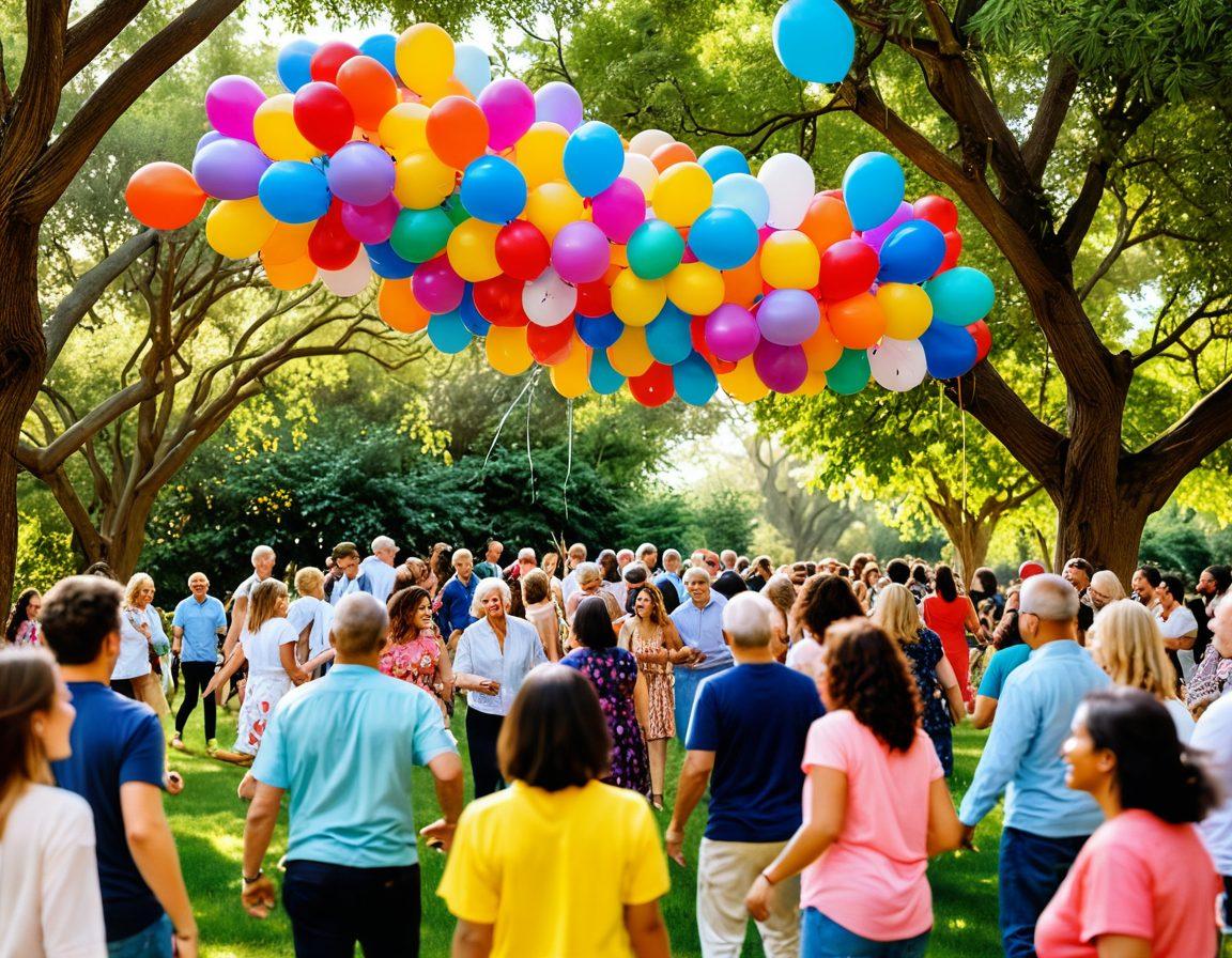 A vibrant community gathering in a lush garden, where diverse individuals are joyfully engaging in various activities like dancing, painting, and laughing together. Colorful balloons and whimsical decorations surround the scene, symbolizing exuberance and joy. Sunlight filters through the trees, creating a warm and inviting atmosphere. Expressions of happiness and connection are highlighted on each person's face. super-realistic. vibrant colors. cheerful atmosphere.