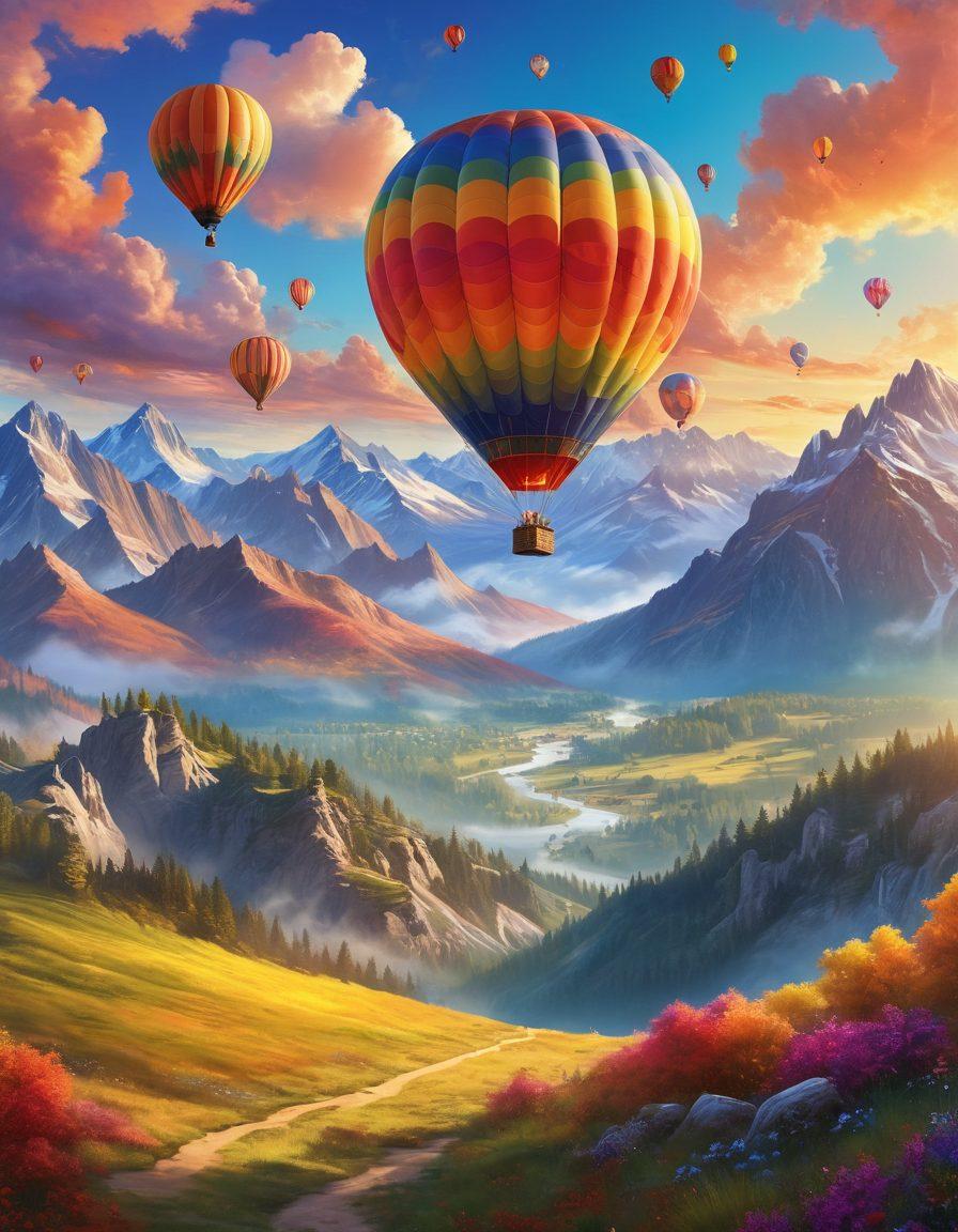 A vibrant landscape depicting a colorful hot air balloon soaring high above sunlit mountains, symbolizing elevation and joy. Below, diverse groups of people engaged in uplifting activities like dancing and painting, illustrating creativity and camaraderie. The sky is filled with fluffy clouds and a radiant sun, enhancing the exuberant theme. super-realistic. vibrant colors. 3D.